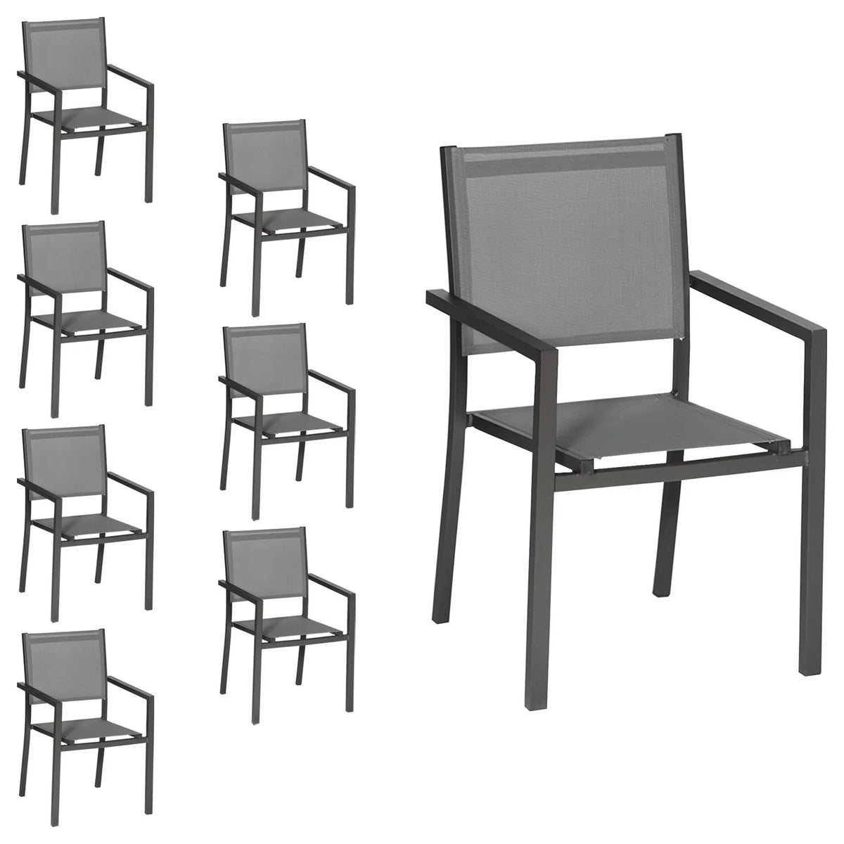 Lot de 8 chaises en aluminium anthracite - textilène gris Happy Garden