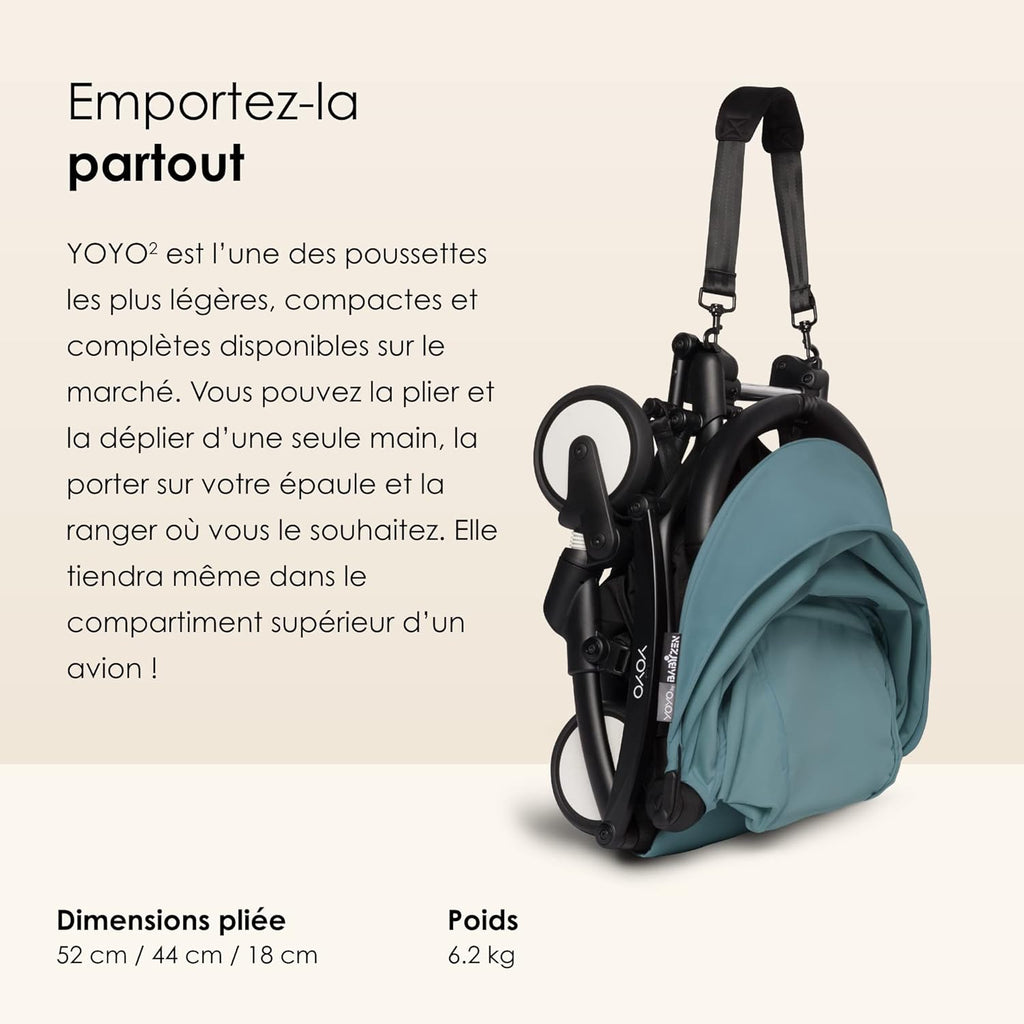 Poussette BABYZEN YOYO2 6+ (Cadre noir + pack couleur Aqua) - Comprend un harnais, un dossier, des arceaux de capote, une bandoulière, un coussin d’assise, et une capote assortie