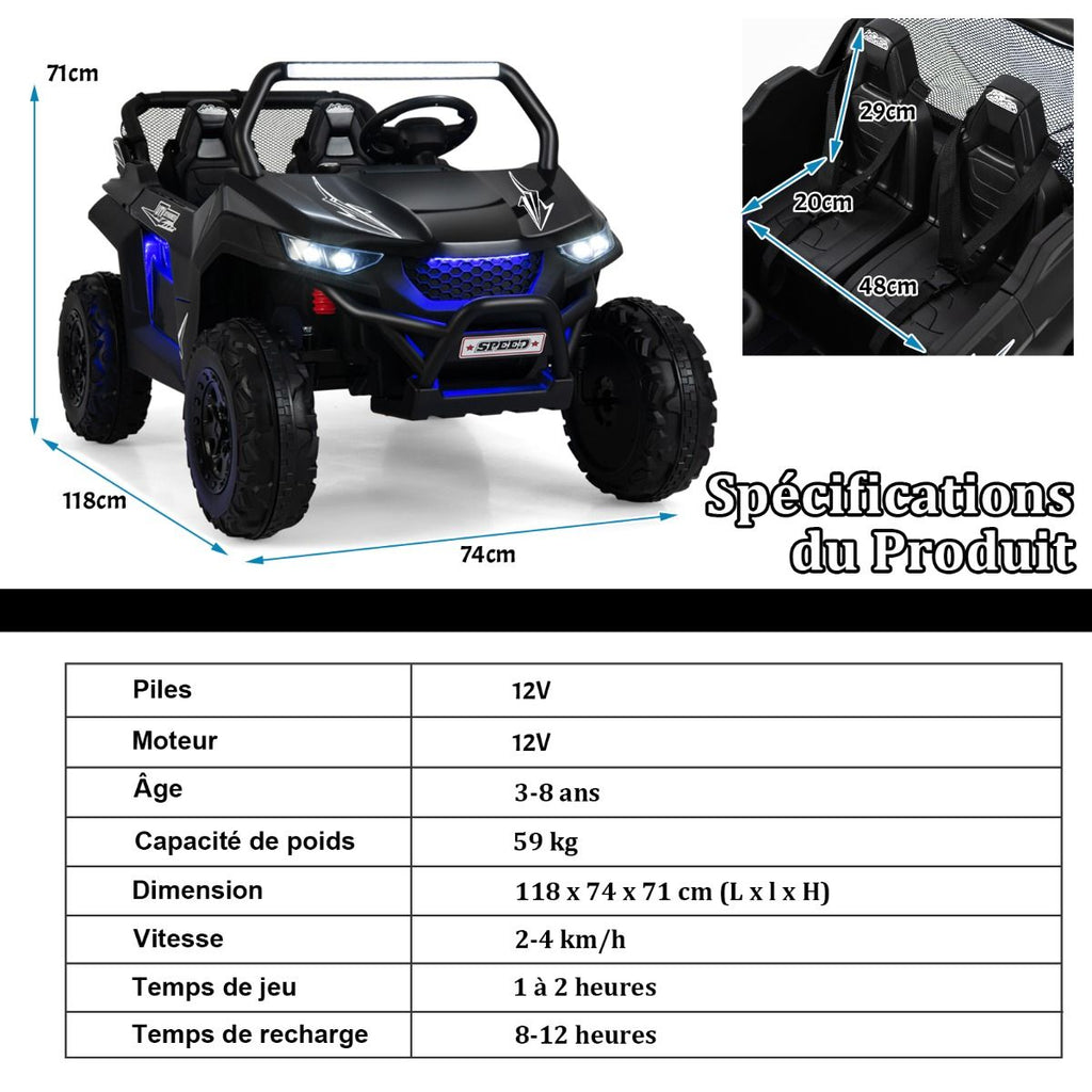 Voiture électrique Enfant 12 V Télécommande pour 3-8 Ans 2 Vitesses Ressort de Suspension Charge 59KG 118x74x71CM Noir/Rose/Rouge