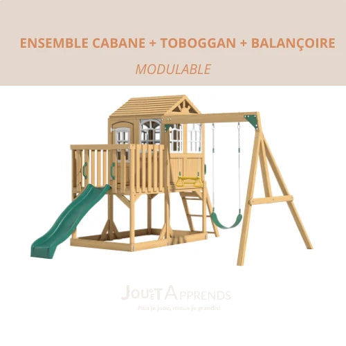 Aire de jeux enfant Montessori - 3 en 1 Balan?oire, Toboggan, Cabane en bois modulable