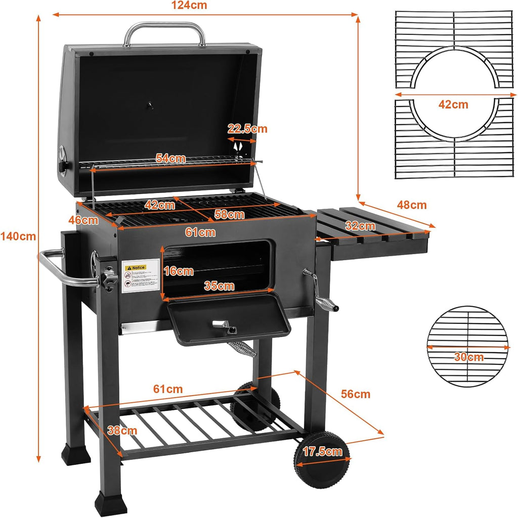Barbecue Charbon de Bois XL, Chariot à Barbecue, Grill XL à Charbon avec Couvercle, Roues et Thermomètre, Réglable en Hauteur, Grand Barbecue au Charbon de Bois, pour Camping et Jardin, Noir