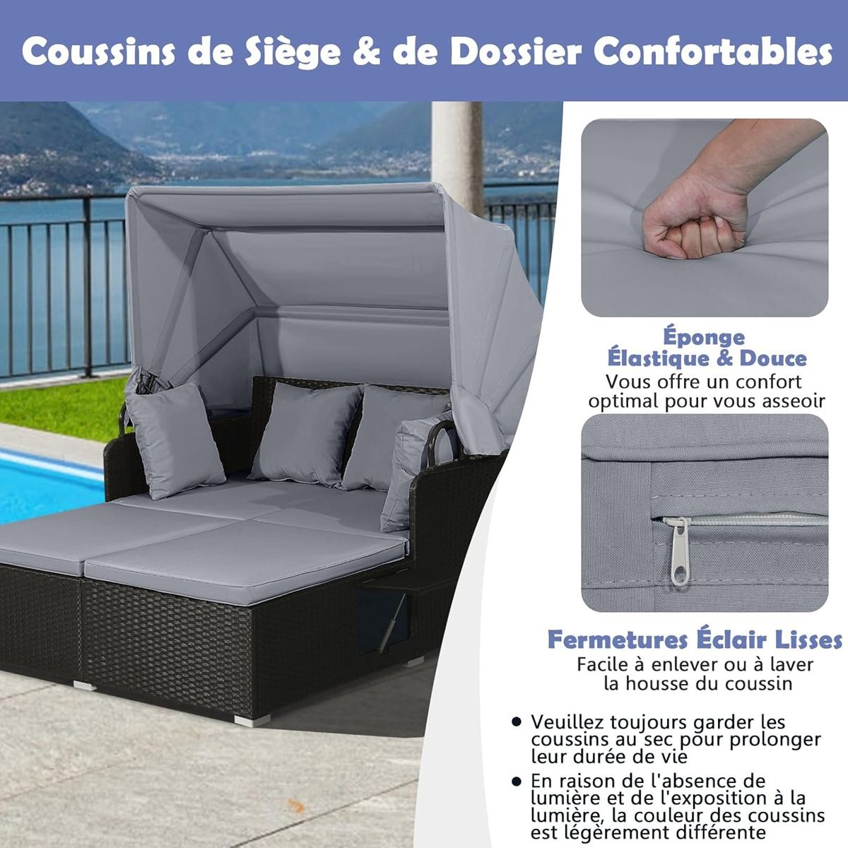 Chaise Longue à 2 Places en Rotin avec Auvent Rétractable Bain de Soleil avec Panneaux Latéraux Pliables Charge 360KG Beige/Gris