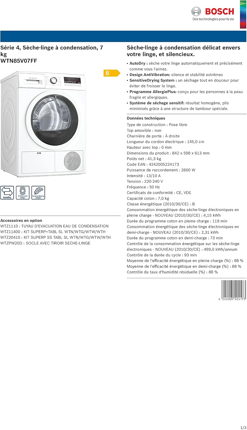 Bosch WTN85V07FF Sèche linge à condensation Série 4 - Silencieux - Pose Libre - 7kg - 112 L - Blanc