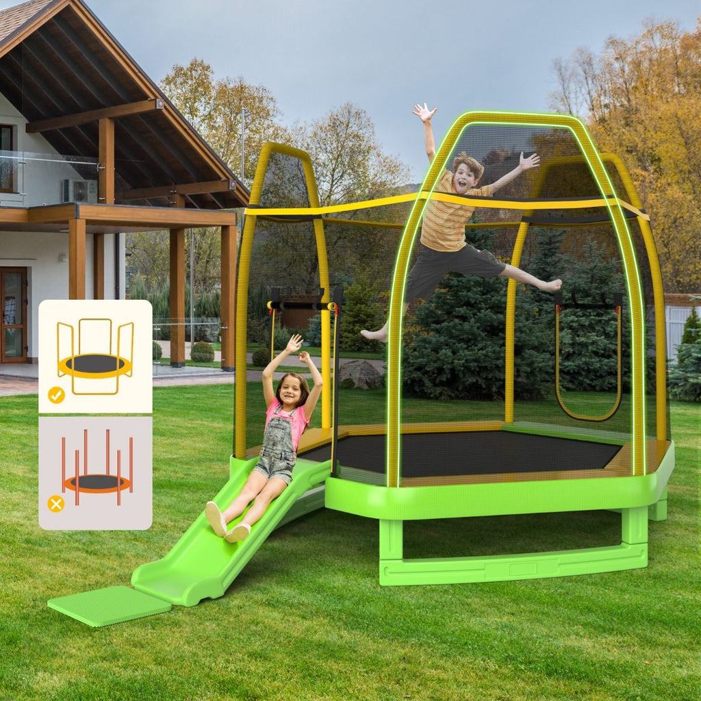 Trampoline Extérieur ? 223cm avec Toboggan&Echelle avec Filet de Sécurité 2 Portes en U Charge 270kg pour 2-3 Enfants de 3 Ans+ Bleu/Vert