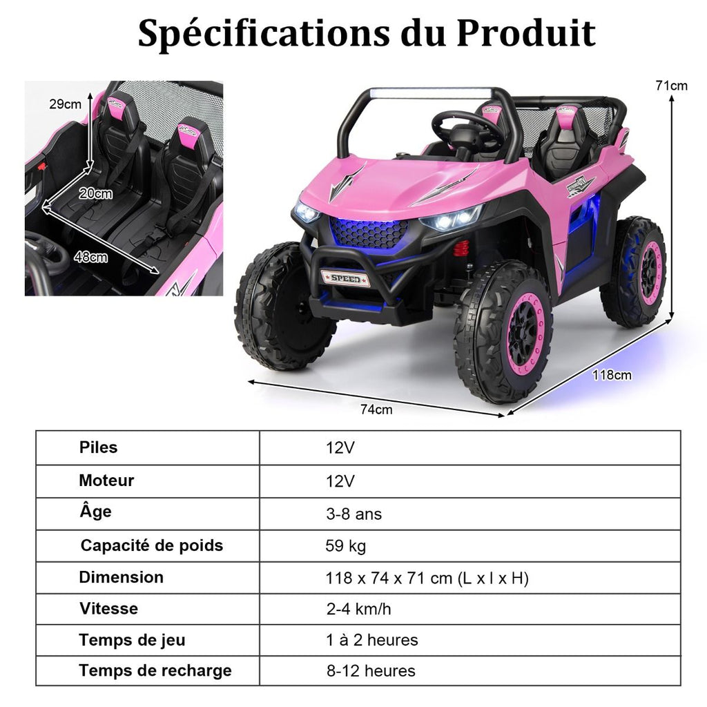 Voiture électrique Enfant 12 V Télécommande pour 3-8 Ans 2 Vitesses Ressort de Suspension Charge 59KG 118x74x71CM Noir/Rose/Rouge