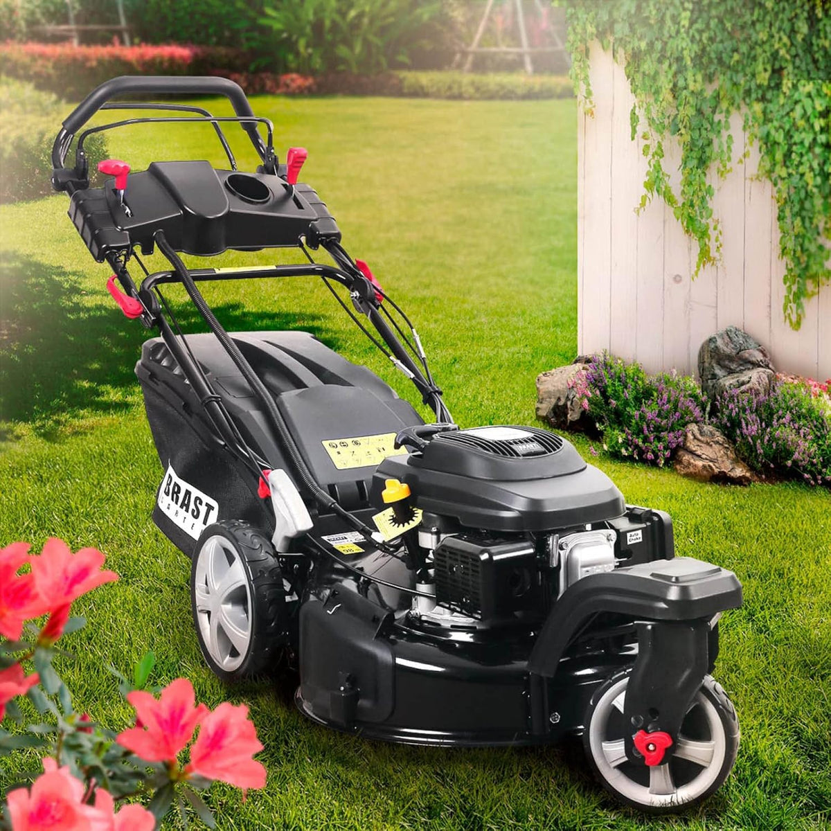 BRAST tondeuse thermique 3 roues TRIKE E-START 224cc 53cm tractée démarrage électrique mulching 4en1 capot en t?le en acier 60l - moteur 4 temps de la marque fran?aise GT reglable