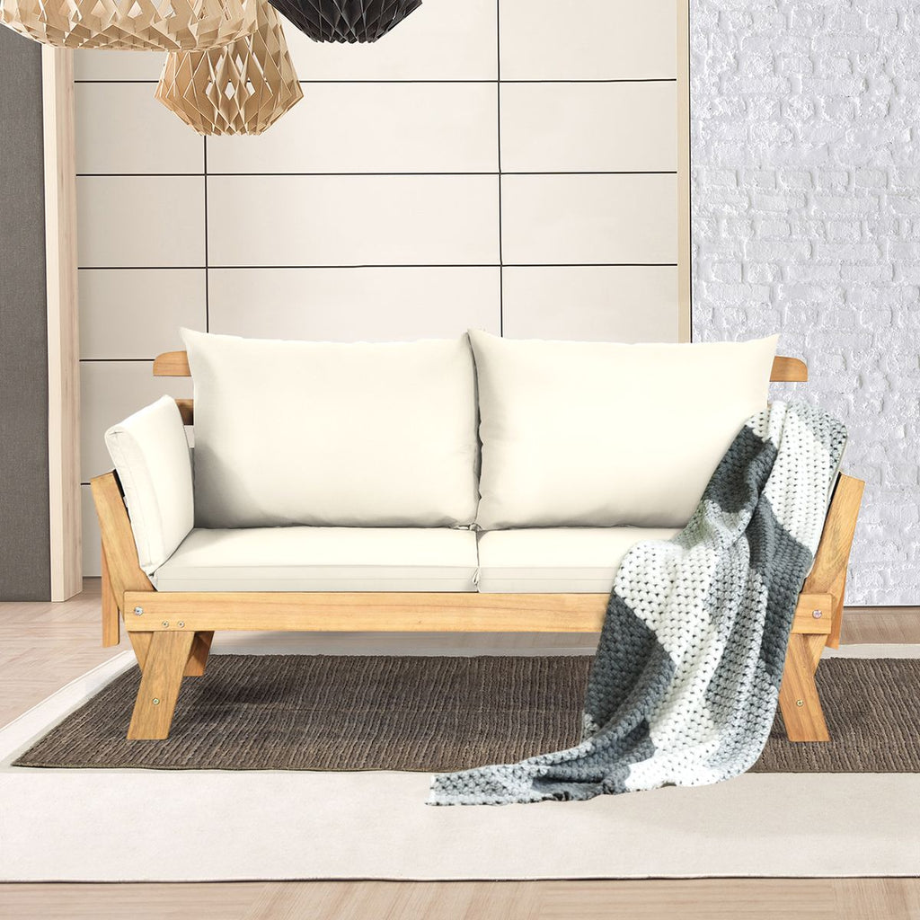 Chaise Longue Convertible avec Coussin Canapé de Jardin 2 en 1 en Bois d’Acacia avec Accoudoir Réglable pour Patio Piscine Jardin Blanc/Gris/Bleu/Rouge