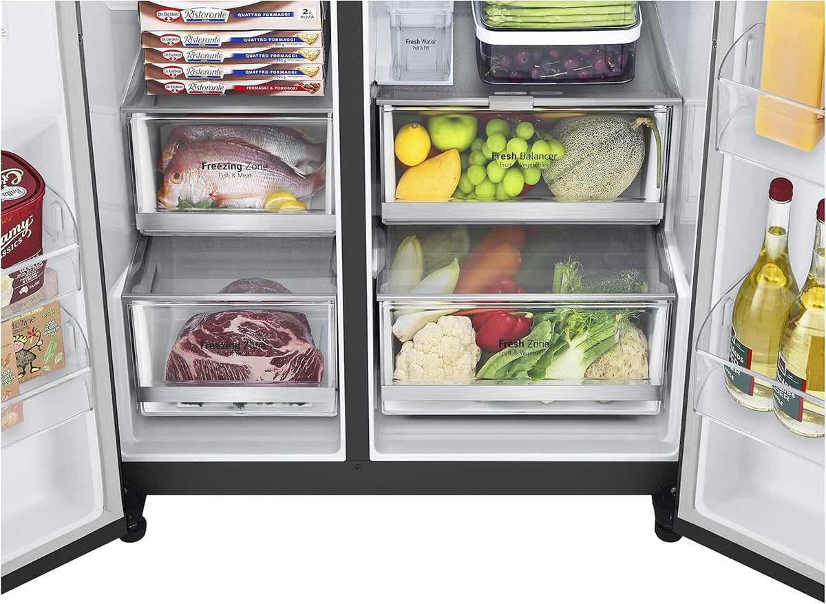 LG GSXV91MCAF Réfrigérateur combiné - Side by Side, 635L, InstaView, Total No-Frost, Compartiment congélation, Distributeur d'eau et glace UVnano, Compresseur Inverter Linear, Wi-Fi, Noir, Classe F