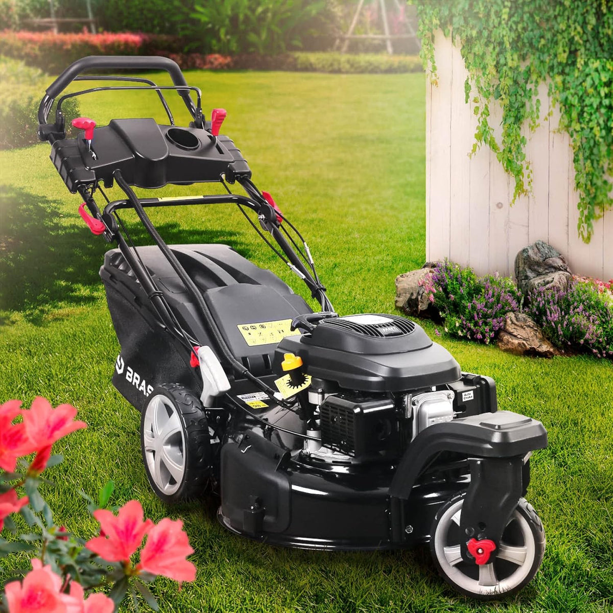 BRAST tondeuse thermique 3 roues TRIKE E-START 224cc 53cm tractée démarrage électrique mulching 4en1 capot en t?le en acier 60l - moteur 4 temps de la marque fran?aise GT reglable