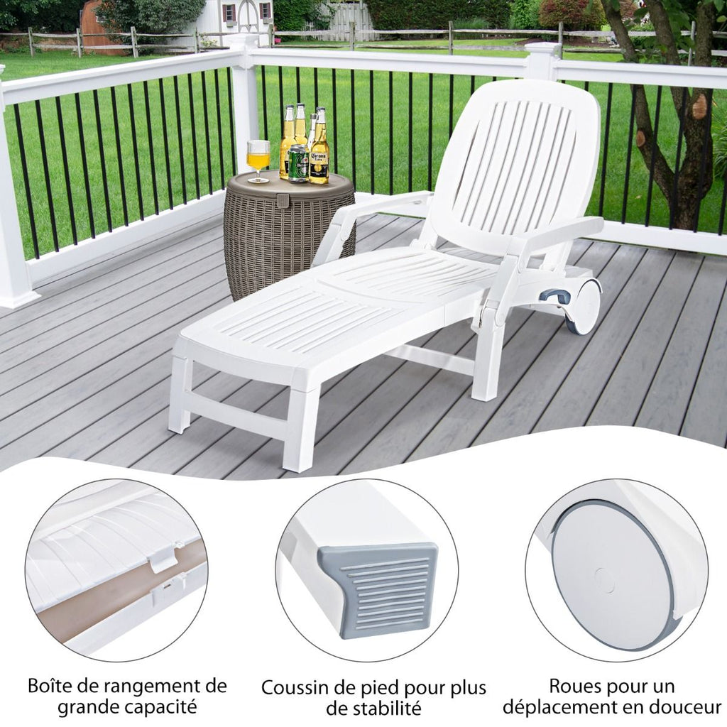 Chaise Longue Inclinable Réglable à 5 Positions avec Roues Flexibles Fauteuil Relax de Camping avec Bo?te de Rangement Charge 150KG Blanc