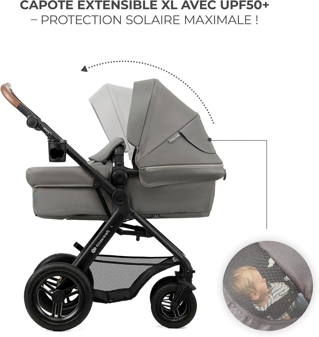 Kinderkraft MOOV2 Poussette 3 en 1, Système de voyage de la naissance à 27 kg, Siège auto Mink PRO I-Size inclus, Capote extensible avec filtre UPF50+, Accessoires pratiques, Gris