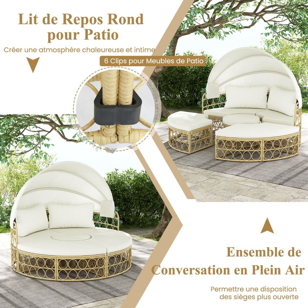 Lit de Repos Rond pour Patio avec Auvent Rétractable Ensemble de Siège Sectionnels Séparés en Rotin PE avec Coussins Doux Blanc