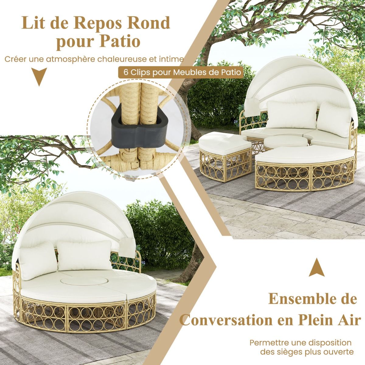 Lit de Repos Rond pour Patio avec Auvent Rétractable Ensemble de Siège Sectionnels Séparés en Rotin PE avec Coussins Doux Blanc