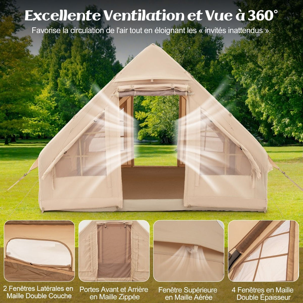 Tente de Camping Gonflable 6 m2 pour 4-6 Personnes Tente en Coton Coupe-vent et Imperméable avec Pompe 7 Fenêtres à Moustiquaire Beige