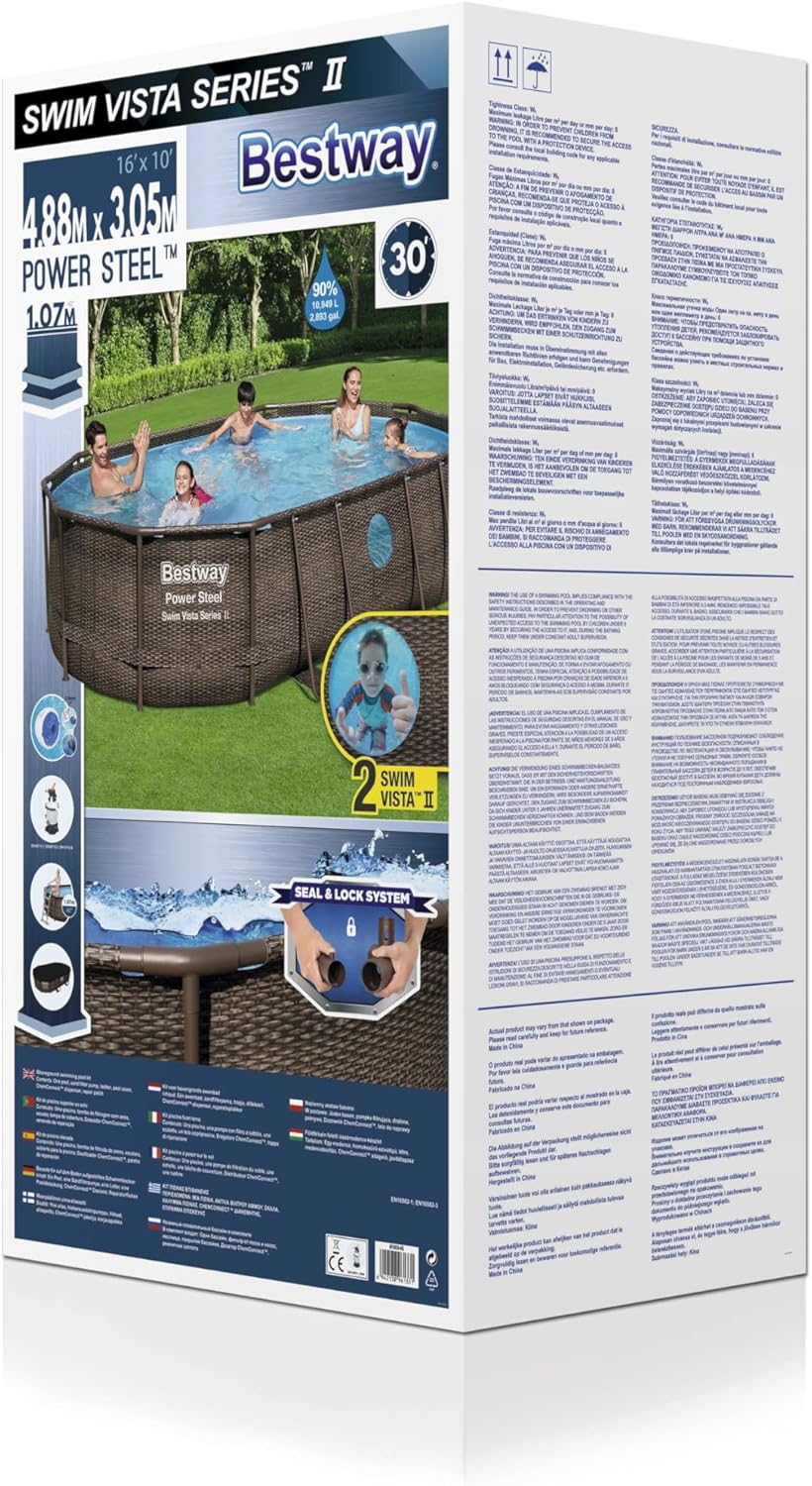 Bestway 56946 Piscine Power Steel? Swim Vista ovale 488 x 305 x 107 cm motif rotin avec hublots, filtration à sable, échelle, bache et diffuseur Chemconnect?