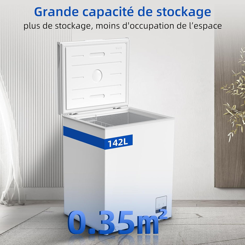 Congélateur coffre CHiQ 142L, 63,5 x 55,6 x 83,5cm, Congélateur Inverter, Affichage de la température extérieure, Mode de congélation rapide -32°C, Grille métallique,Faible bruit
