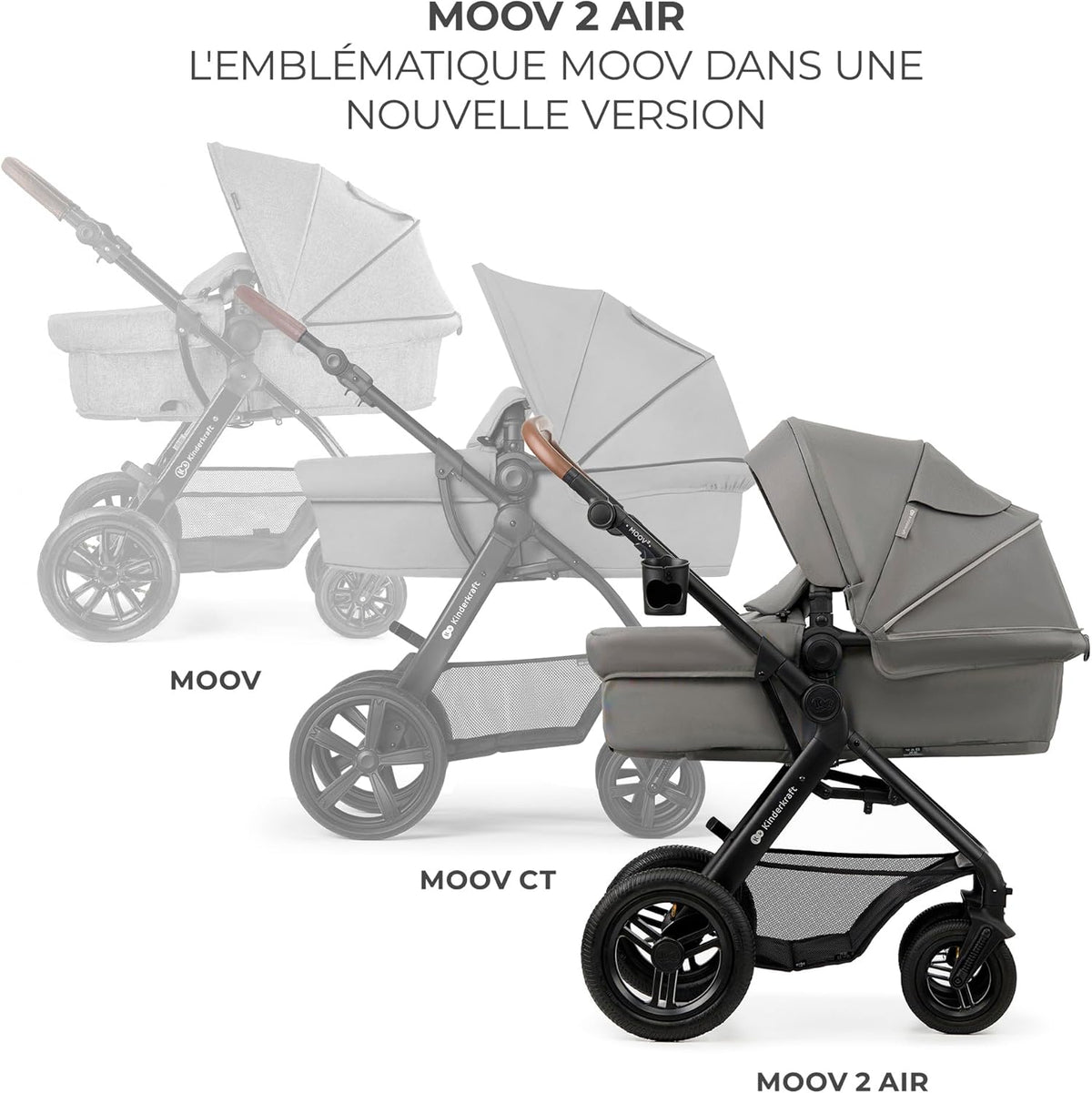 Kinderkraft MOOV2 Poussette 3 en 1, Système de voyage de la naissance à 27 kg, Siège auto Mink PRO I-Size inclus, Capote extensible avec filtre UPF50+, Accessoires pratiques, Gris