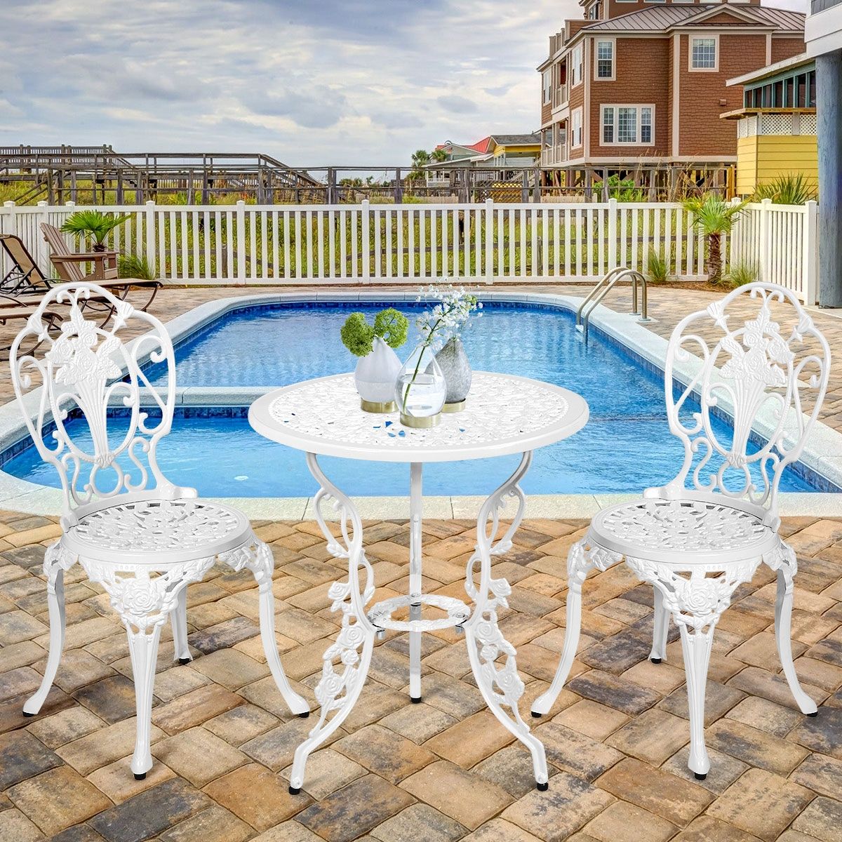 Ensemble Table et 2 Chaises pour Jardin en Aluminium en Forme de Rose Blanc Résistant aux Intempéries