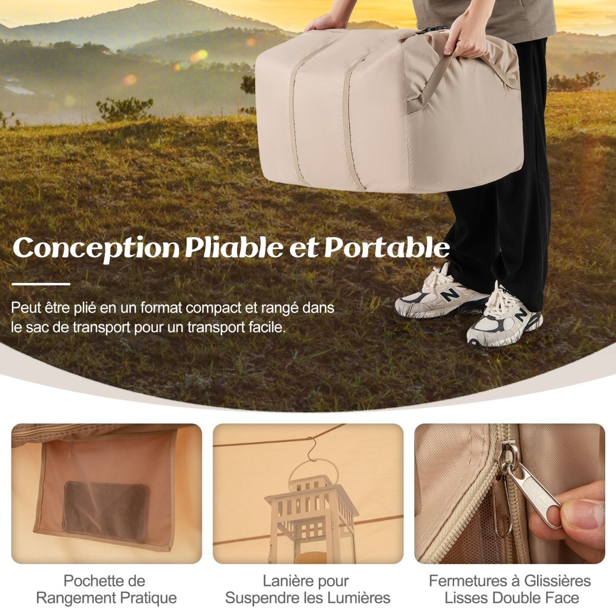 Tente de Camping Gonflable 6 m2 pour 4-6 Personnes Tente en Coton Coupe-vent et Imperméable avec Pompe 7 Fenêtres à Moustiquaire Beige