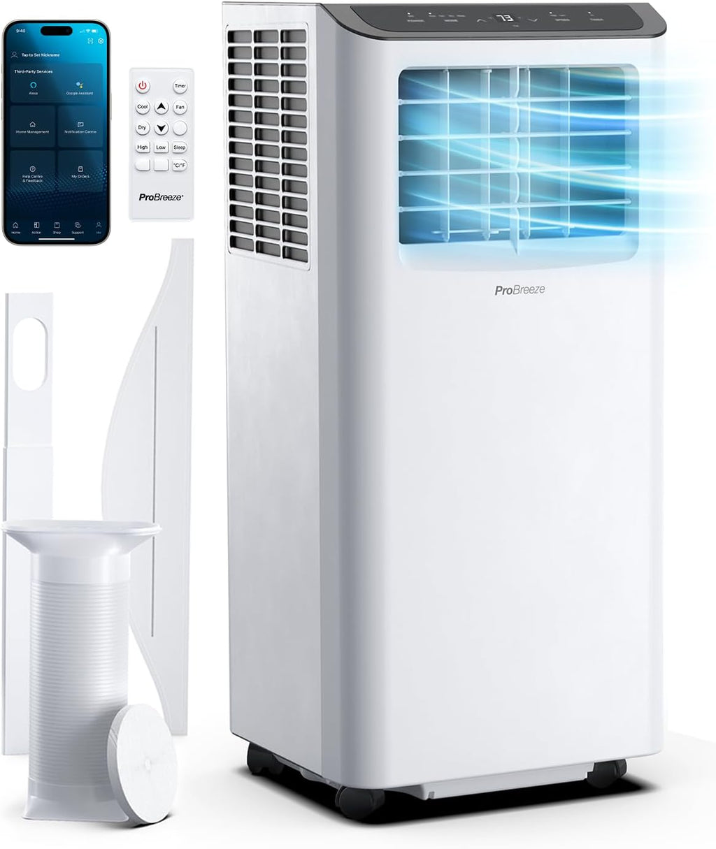 Climatiseur Mobile 4-en-1 9000 BTU - Clim Puissante compatible WiFi avec Application- Minuterie 24 heures, Télécommande et Kit Fenêtre inclus pour Chambre, Salon 22m2 [Classe énergétique A]