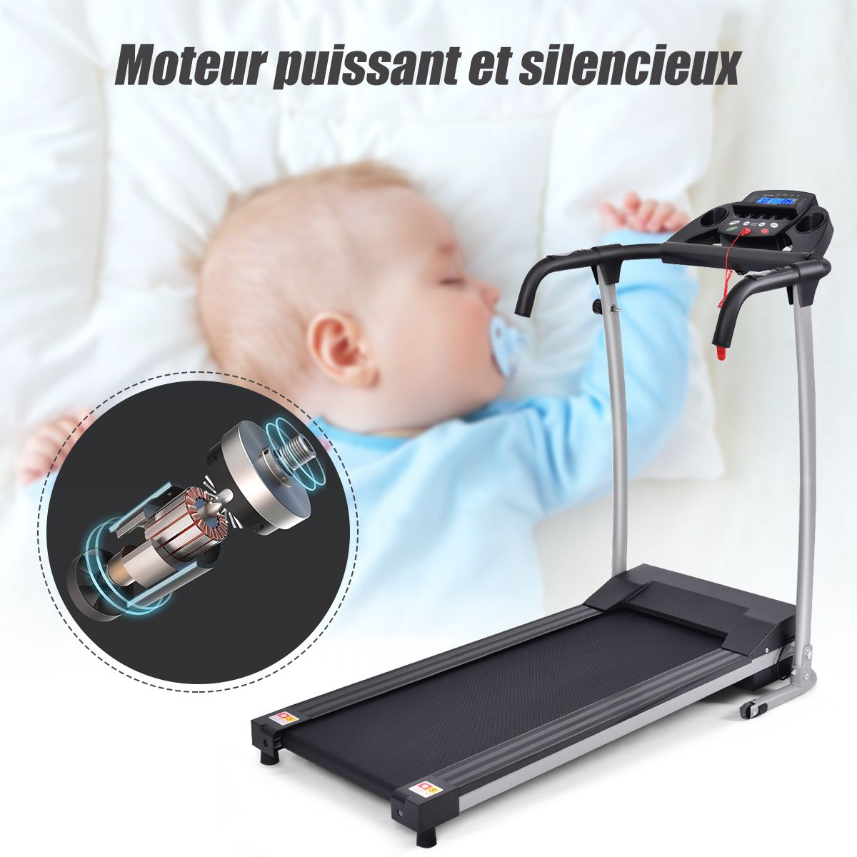Tapis de Course électrique Pliable avec écran et Moniteur de Fréquence Cardiaque avec Vitesse de 1 à 10 km/h et 12 Programmes Noir