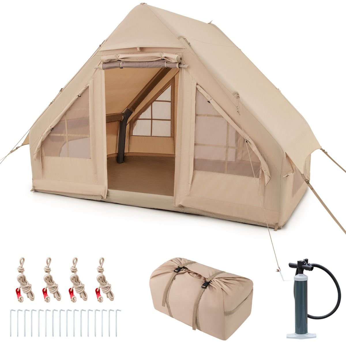 Tente de Camping Gonflable 6 m2 pour 4-6 Personnes Tente en Coton Coupe-vent et Imperméable avec Pompe 7 Fenêtres à Moustiquaire Beige