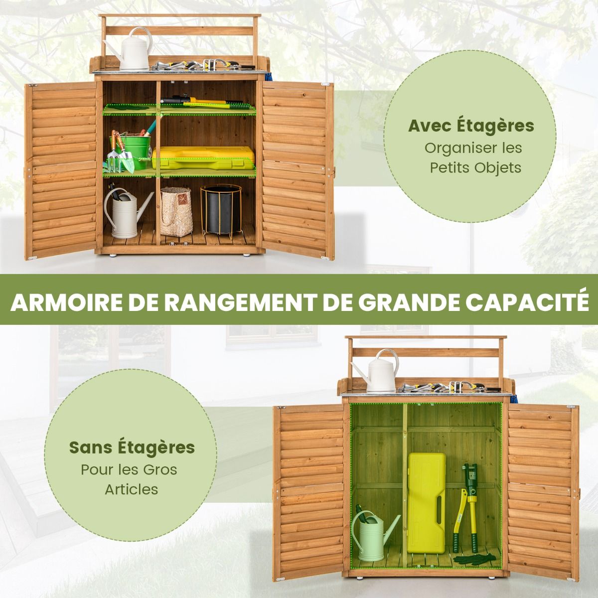 Banc d'Empotage d'Extérieur Table de Jardinage avec Comptoir en Métal Galvanisé 3 Crochets de Suspension Etagères Amovibles Naturel