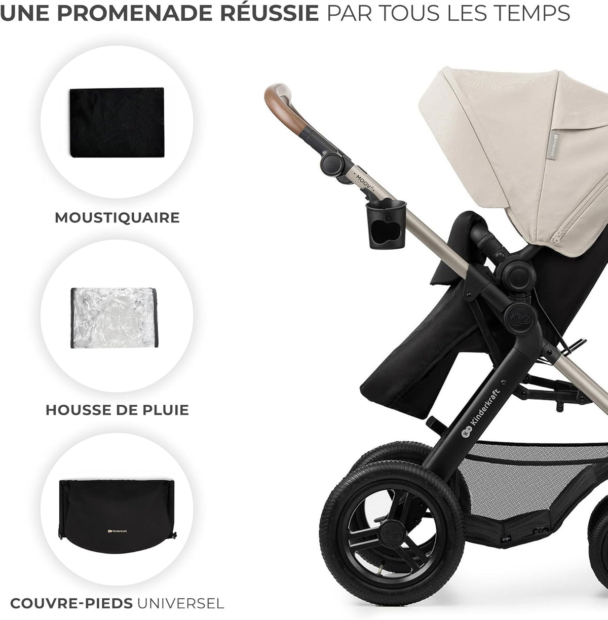 Kinderkraft MOOV2 Poussette 3 en 1, Système de voyage de la naissance à 27 kg, Siège auto Mink PRO I-Size inclus, Capote extensible avec filtre UPF50+, Accessoires pratiques, Gris