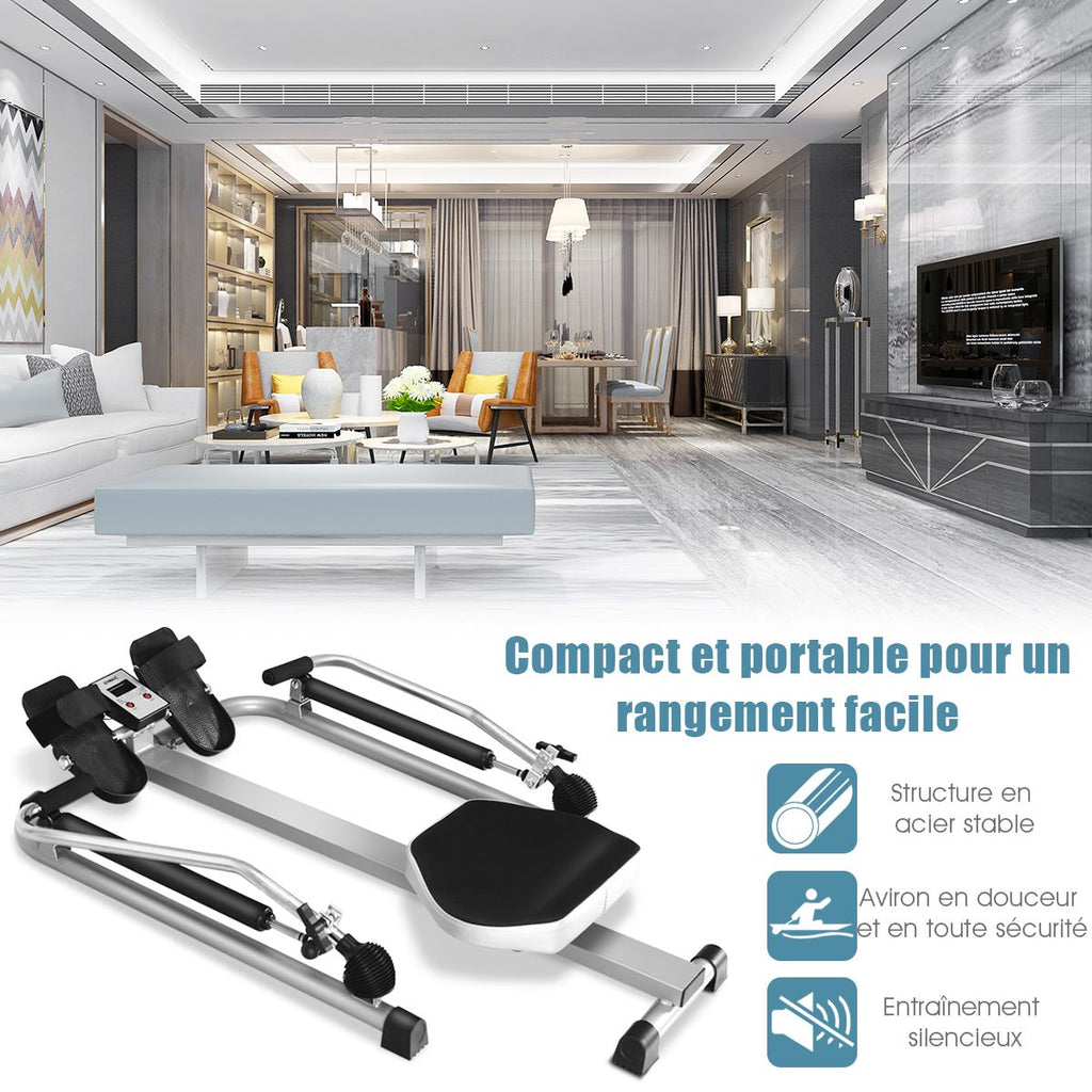 Rameur de Fitness Résistance Hydraulique Réglable 50kg Affichage LCD Pédale Antidérapante Charge de 100 kg Argenté