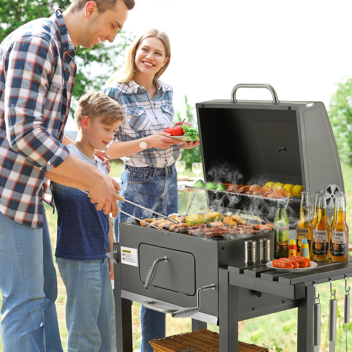Barbecue Charbon de Bois XL, Chariot à Barbecue, Grill XL à Charbon avec Couvercle, Roues et Thermomètre, Réglable en Hauteur, Grand Barbecue au Charbon de Bois, pour Camping et Jardin, Noir