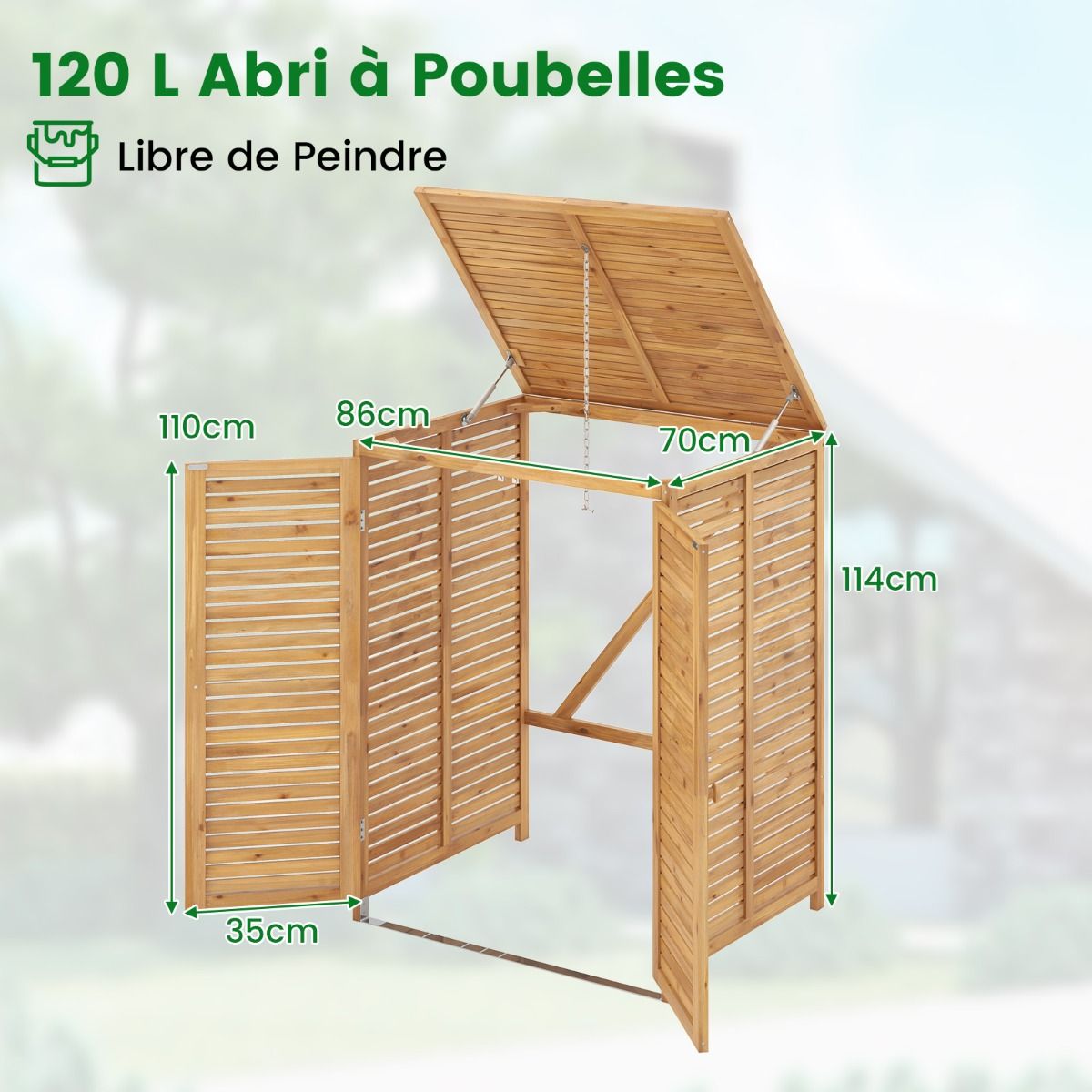 Abri à Poubelle en Bois de 120 L Abri pour Outils d'Extérieur avec Couvercle Ouvrable Doubles Portes Loquet de Verrouillage Naturel