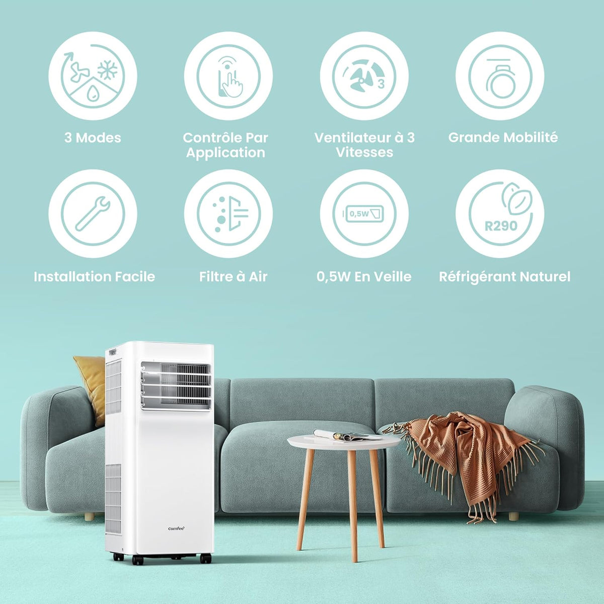 COMFEE' Climatiseur Mobile 9000 BTU/h 2,6kW, 3-EN-1 Refroidisseur Déshumidificateur Ventilateur, Fonction Follow me, Minuterie, Mode nuit, Pour salon et maison de 33©O/88m3, MPPH-09CRN7, R290