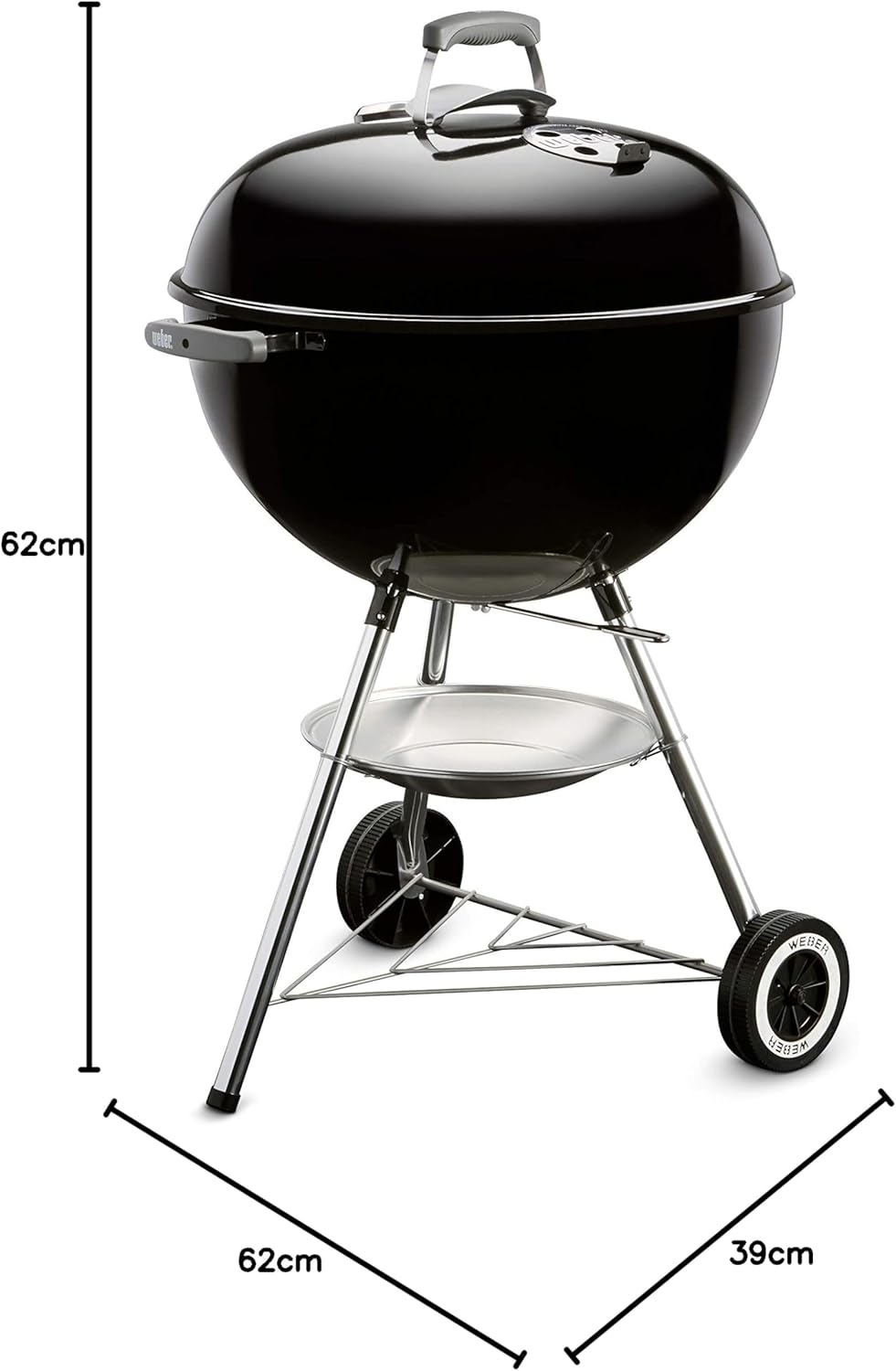 Weber Classic Kettle barbecue au charbon de bois, surface de cuisson ? 57cm, barbecue avec couvercle et cuve en acier emaillé, thermomètre intégré au couvercle, trépied et roues - Noir (1341504)
