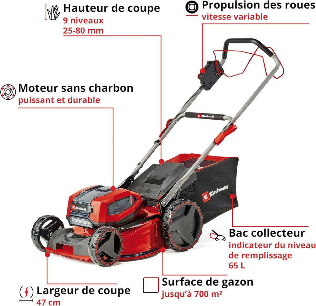 Einhell Professional Tondeuse à gazon sans fil GP-CM 36/47 S HW Li Power X-Change (36V, 47 cm largeur de coupe, autotractée, moteur sans charbon) Livré avec 4 Batteries 4,0Ah et 2 Chargeurs Doubles