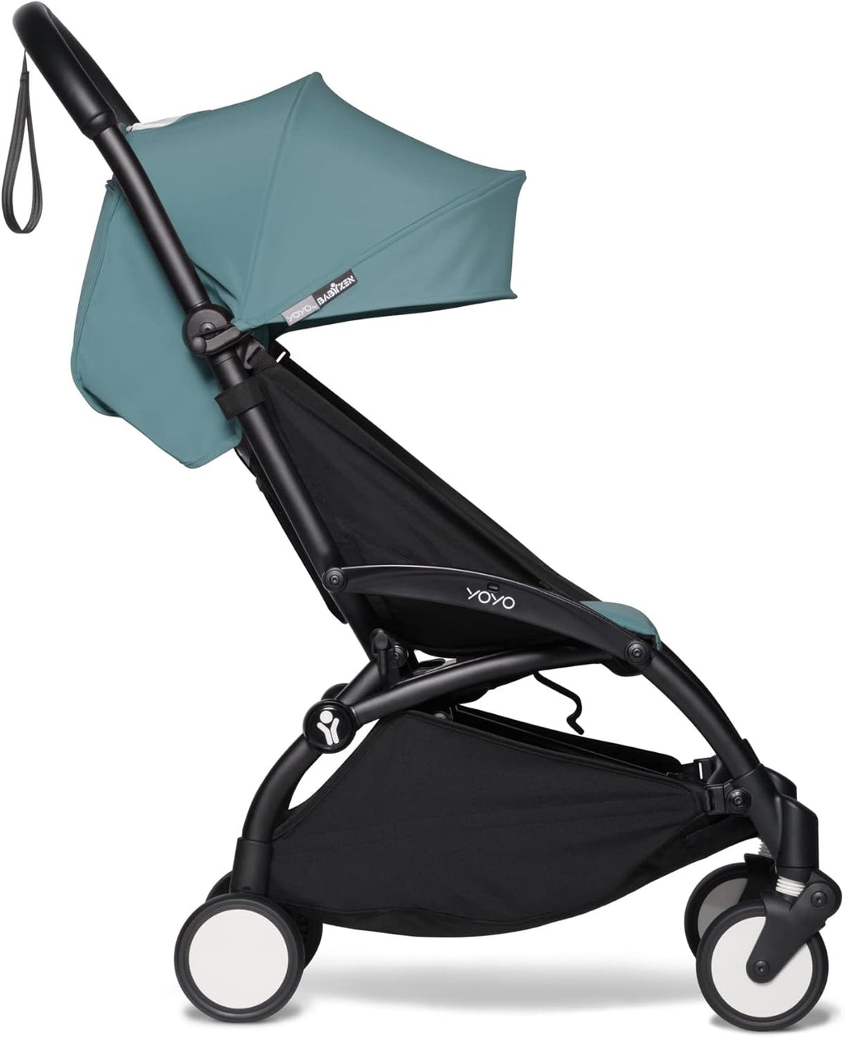 Poussette BABYZEN YOYO2 6+ (Cadre noir + pack couleur Aqua) - Comprend un harnais, un dossier, des arceaux de capote, une bandoulière, un coussin d’assise, et une capote assortie