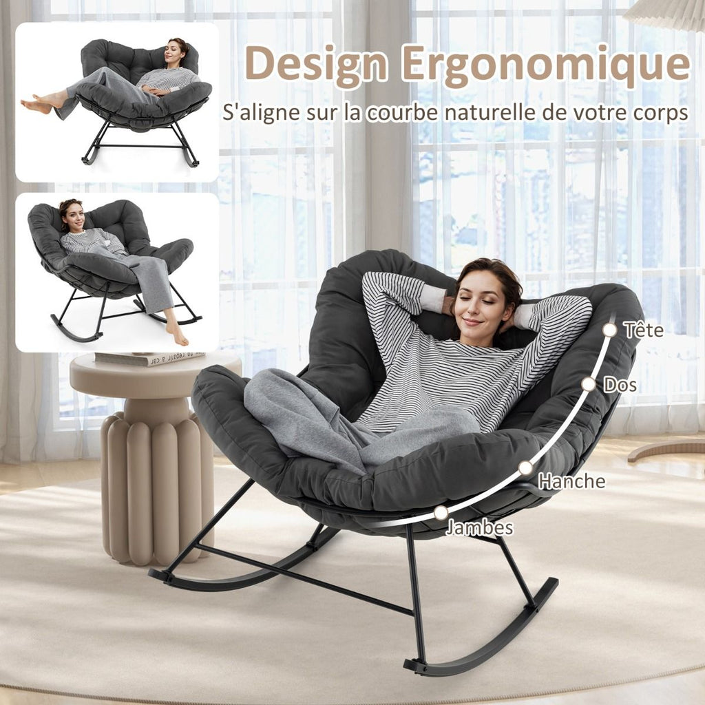 Chaise à Bascule d'Intérieur et d'Extérieur Chaise Papasan Surdimensionnée avec Coussin Rembourré & Cadre en Métal Capacité 205 Kg Gris