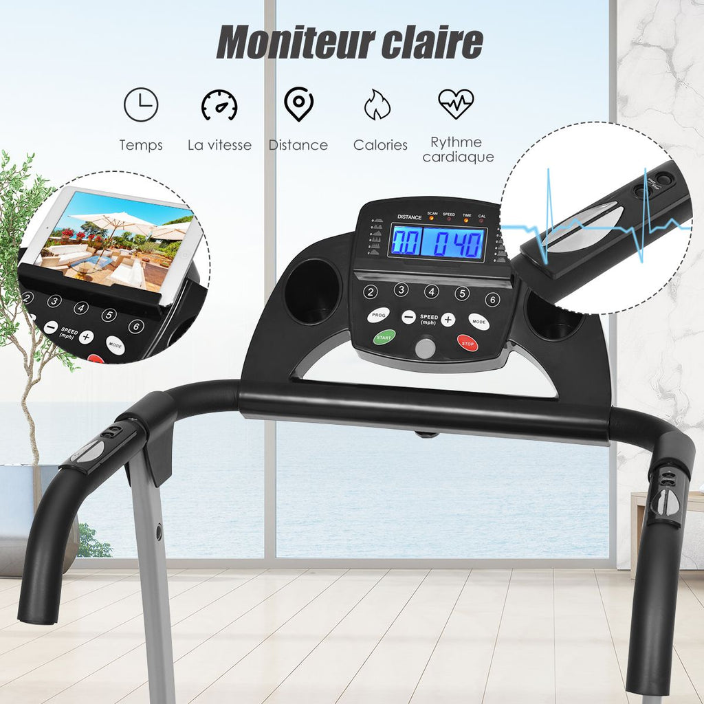 Tapis de Course électrique Pliable avec écran et Moniteur de Fréquence Cardiaque avec Vitesse de 1 à 10 km/h et 12 Programmes Noir