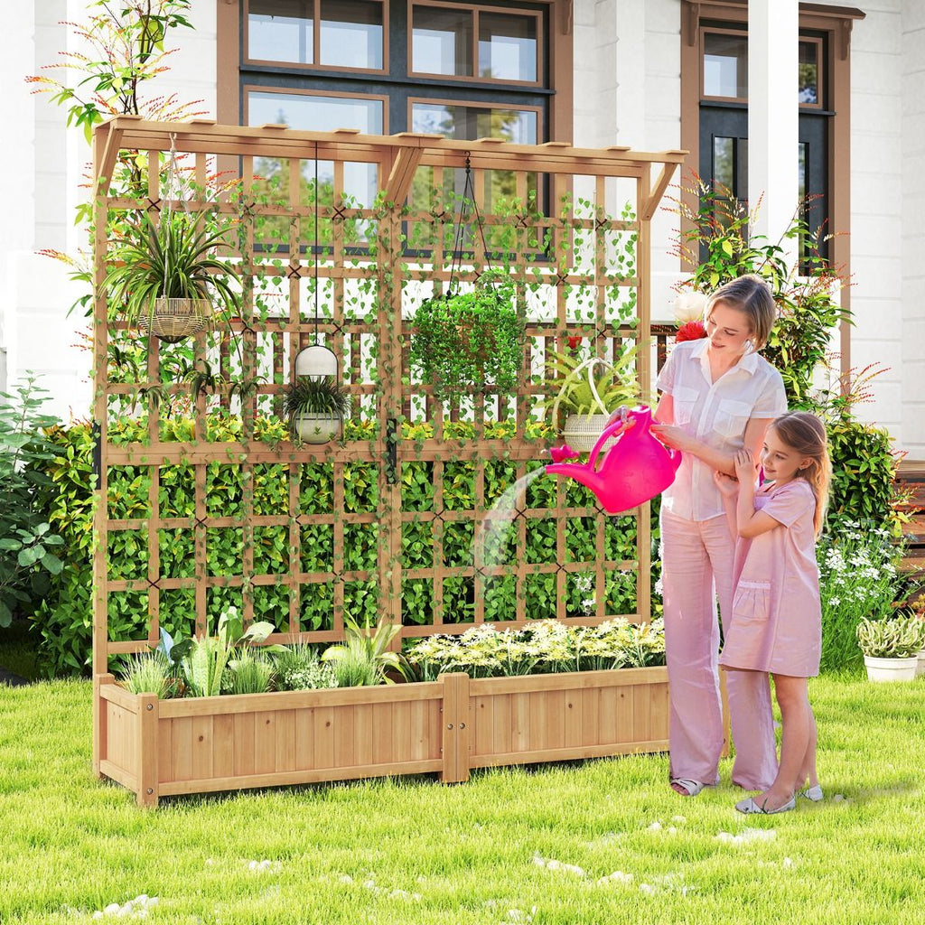 Jardinière avec 2 Treillis 2 Bacs Toit Suspendu en Bois Lit de Jardin Surélevé avec 4 Trous de Drainage 180 x 48 x 183 cm Orange
