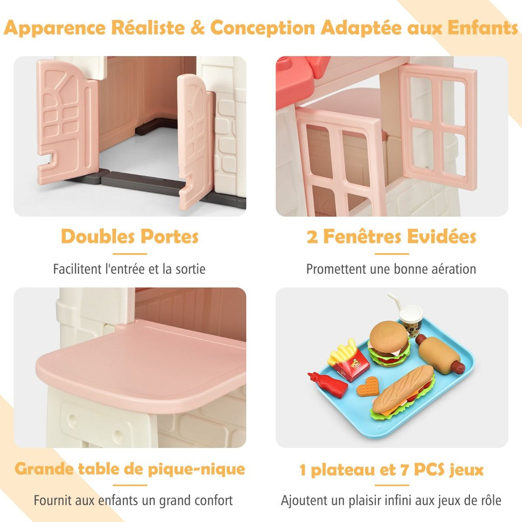 Maison Chef House -Thème Burger Bar - Table de Pique Nique Cabane de Jardin Anti-UV en Plastique 164x124x132 cm Bleu/Rose/Jaune