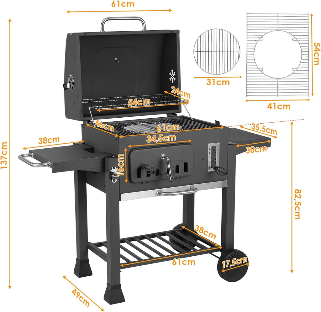 Barbecue Charbon de Bois XL, Chariot à Barbecue, Grill XL à Charbon avec Couvercle, Roues et Thermomètre, Réglable en Hauteur, Grand Barbecue au Charbon de Bois, pour Camping et Jardin, Noir