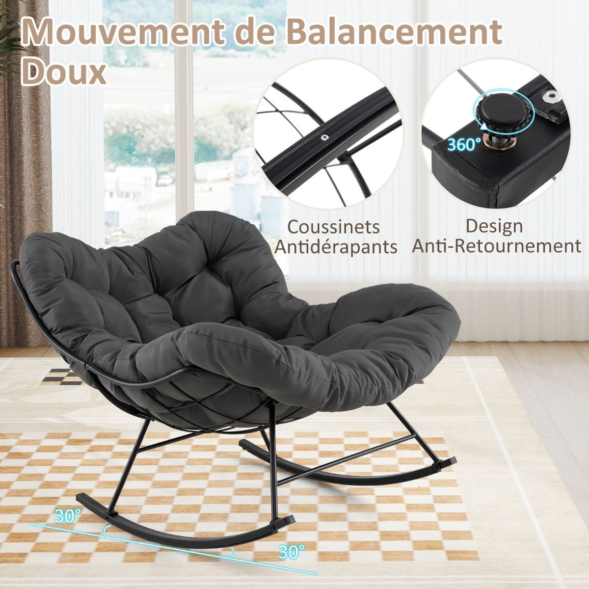 Chaise à Bascule d'Intérieur et d'Extérieur Chaise Papasan Surdimensionnée avec Coussin Rembourré & Cadre en Métal Capacité 205 Kg Gris