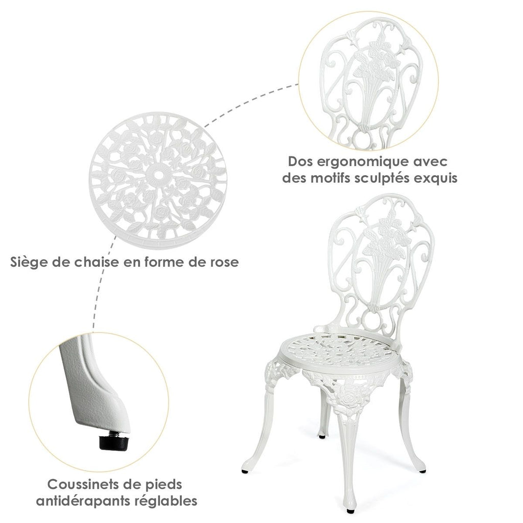 Ensemble Table et 2 Chaises pour Jardin en Aluminium en Forme de Rose Blanc Résistant aux Intempéries