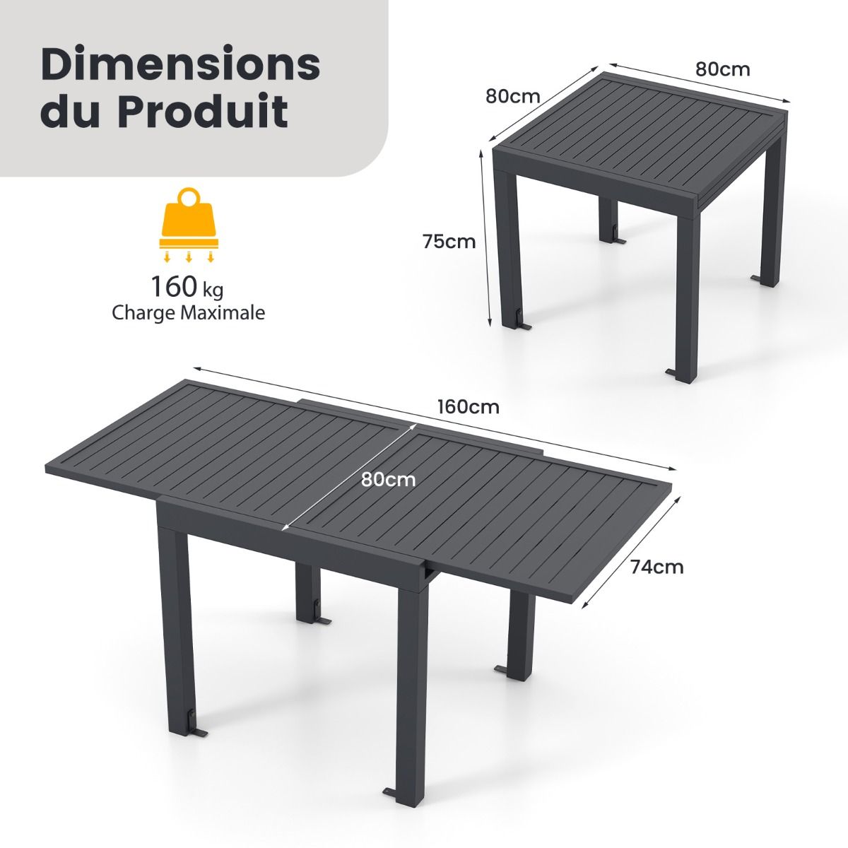 Table de Jardin Extensible en Aluminium Ajustable de 80 à 160 CM Table à Manger Extérieure Plateau à Lattes pour 4-6 Personnes Gris Foncé