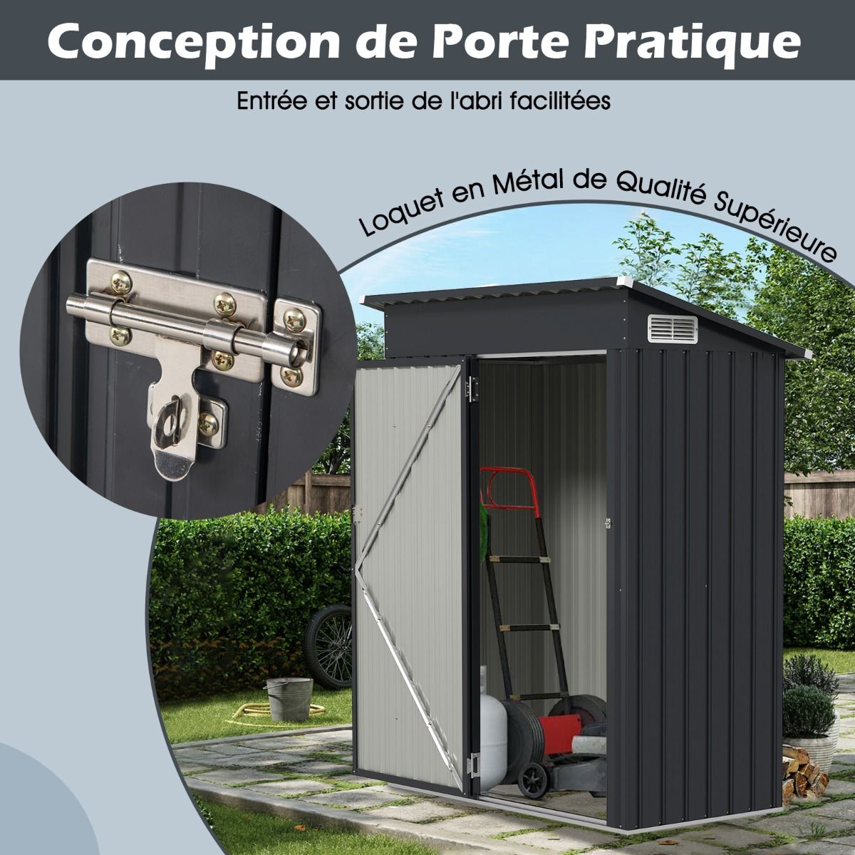 Abri de Rangement Toutes Saisons Abri à Outils Utilitaire avec Toit en Pente Porte Ouvrante Aérations Cadre en Métal Galvanisé Gris