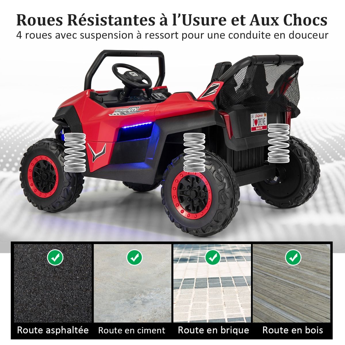 Voiture électrique Enfant 12 V Télécommande pour 3-8 Ans 2 Vitesses Ressort de Suspension Charge 59KG 118x74x71CM Noir/Rose/Rouge