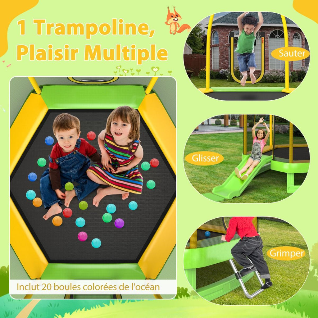 Trampoline Extérieur ? 223cm avec Toboggan&Echelle avec Filet de Sécurité 2 Portes en U Charge 270kg pour 2-3 Enfants de 3 Ans+ Bleu/Vert