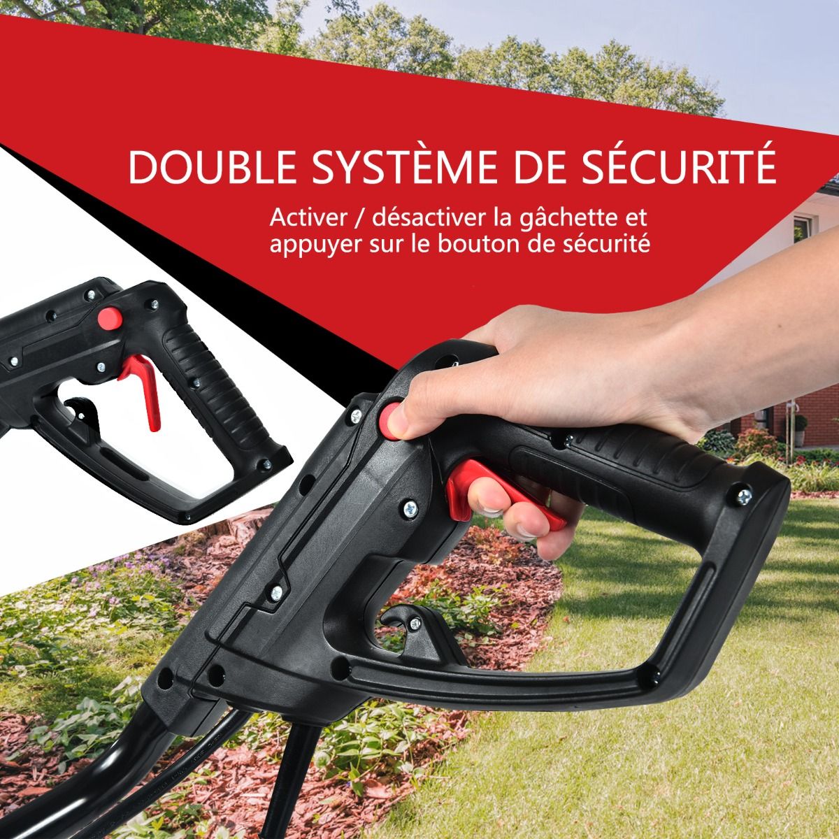 Motobineuse Motoculteur électrique 1500W Profondeur Travail 22CM Largeur 43CM avec Poignée Pliable Roues Réglables 6 Lames