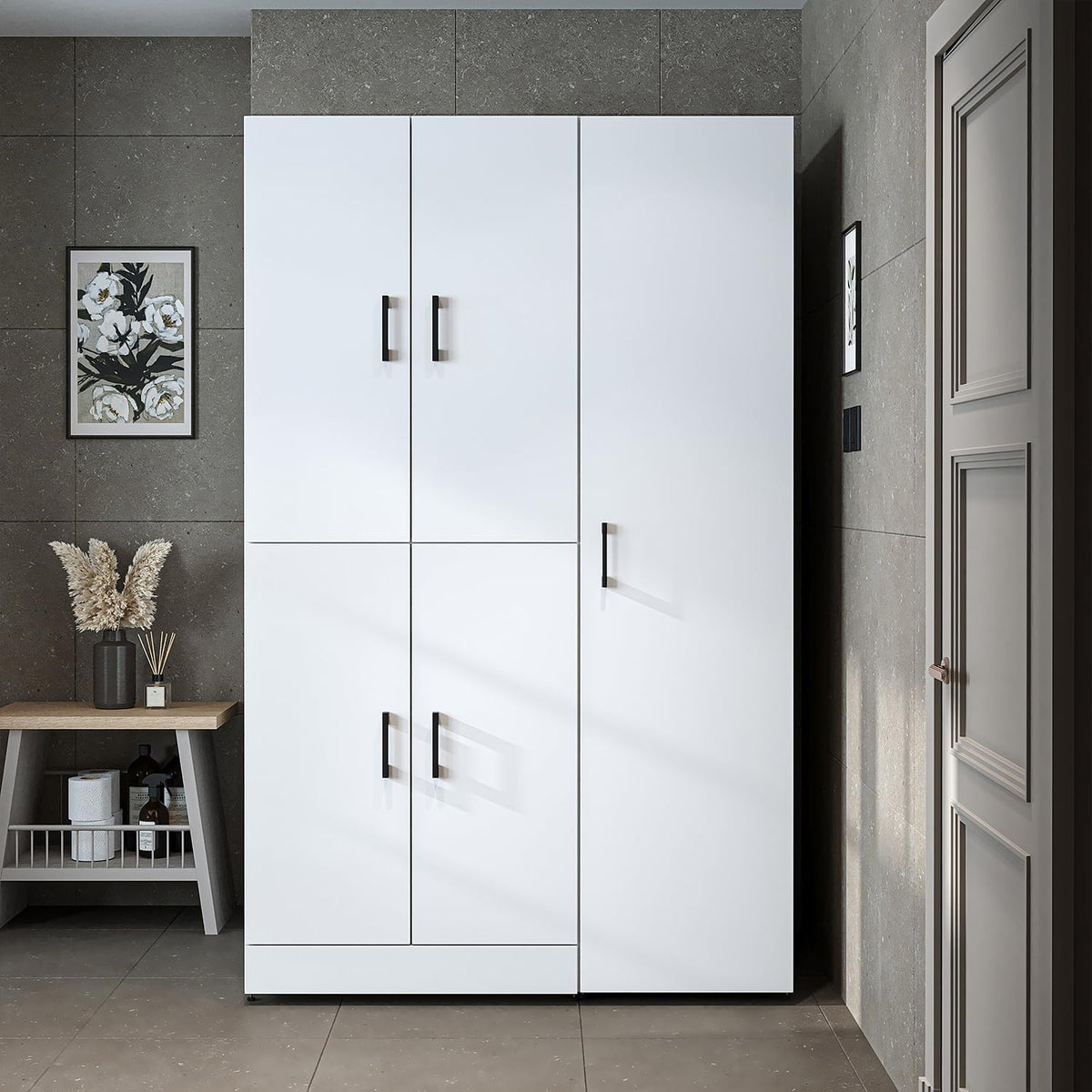 ROOMART Dora - Armoire de machine à laver - Pour sèche-linge et machine à laver - En 4 couleurs - Avec portes et panneau coulissant - Blanc - Chêne blanc - Chêne anthracite - Chêne blanc (chêne blanc)