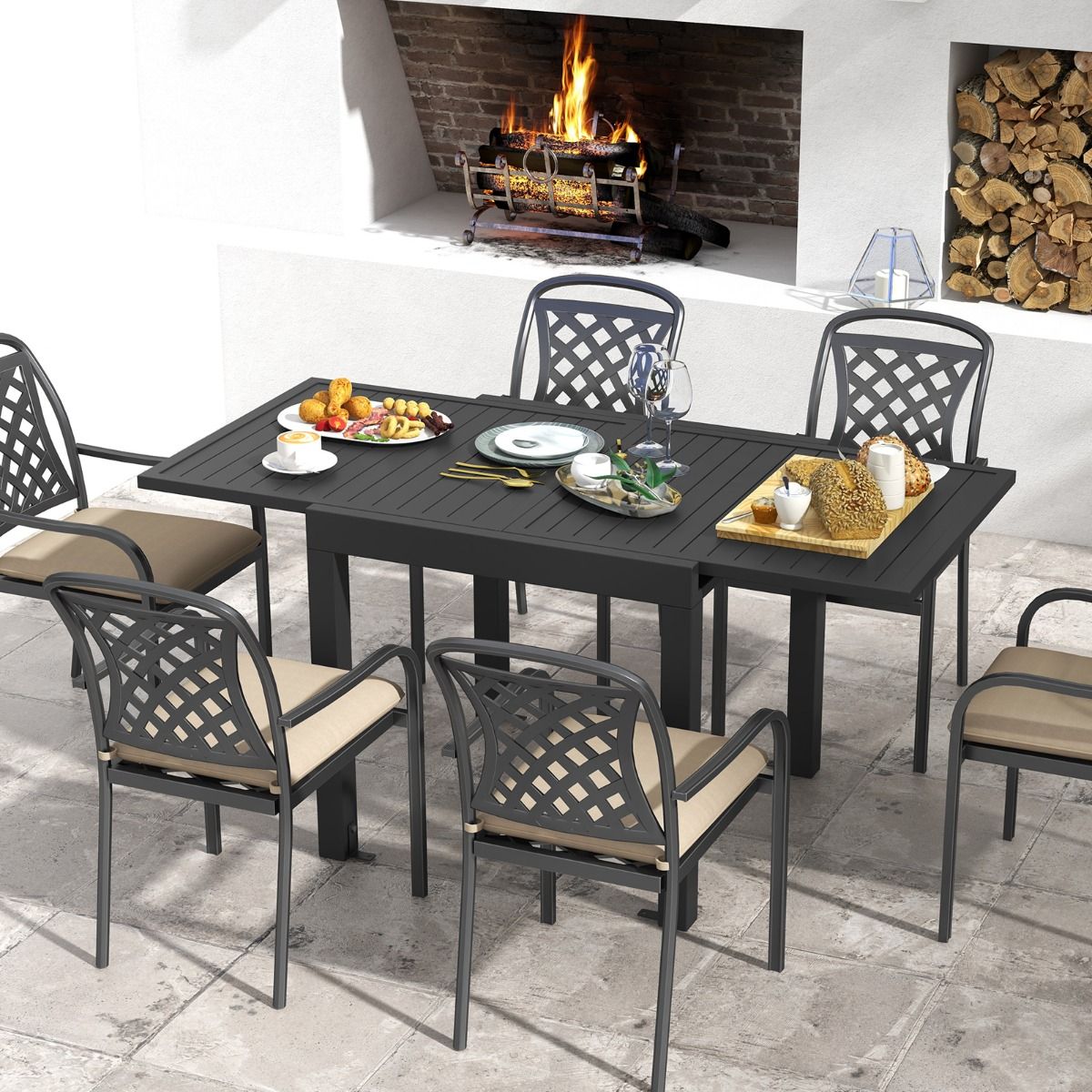 Table de Jardin Extensible en Aluminium Ajustable de 80 à 160 CM Table à Manger Extérieure Plateau à Lattes pour 4-6 Personnes Gris Foncé