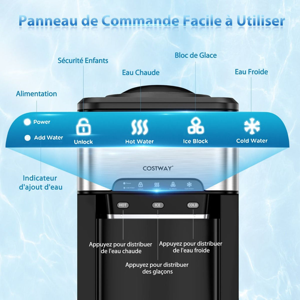 Machine à Gla?ons 3 en 1 avec Distributeur d'Eau Froide/Chaude 20 kg en 24h Cube de Glace 6-13 min pour Maison Bureau Bar